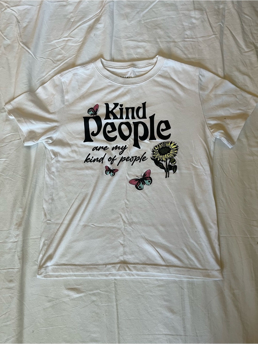White 'Kind People' Graphic Short Sleeve Tee with Sunflower & Butterflies